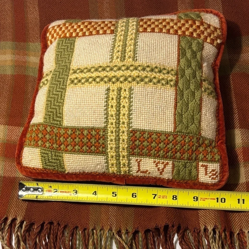 Vintage Needlepoint Pillow Green Orange Cream Plaid and Burnt Orange Velvet